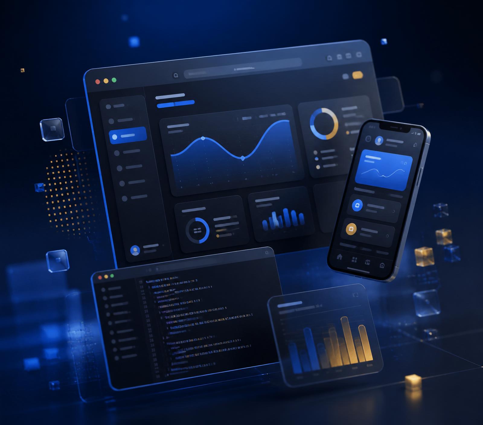 PixelsBytes digital product mockups: dashboard, mobile app, code editor